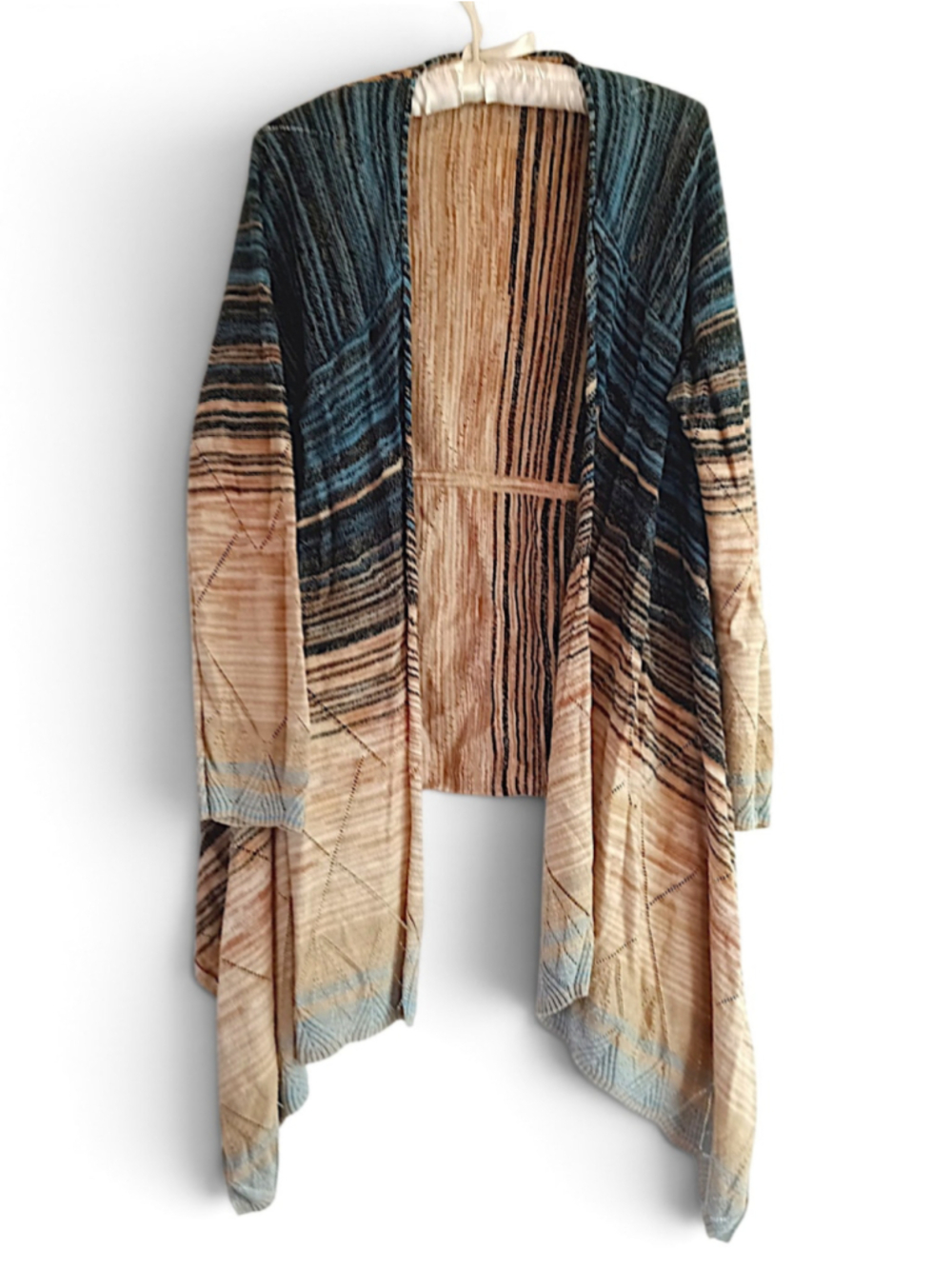 Pointelle Open Front waterfall Cardigan Beige Blue Striped knit sweater diamond